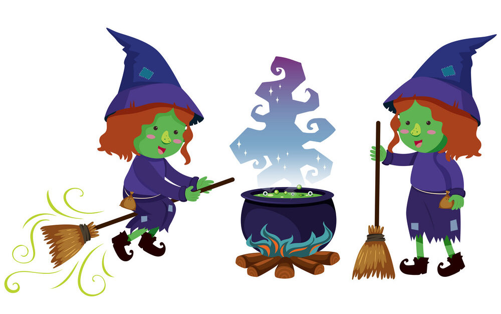 two cartoon green and purple witches with brooms around cauldron