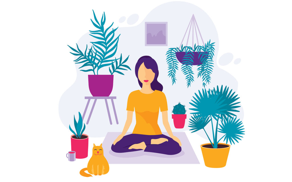 cartoon of a person meditating with a cat and plants surrounding them